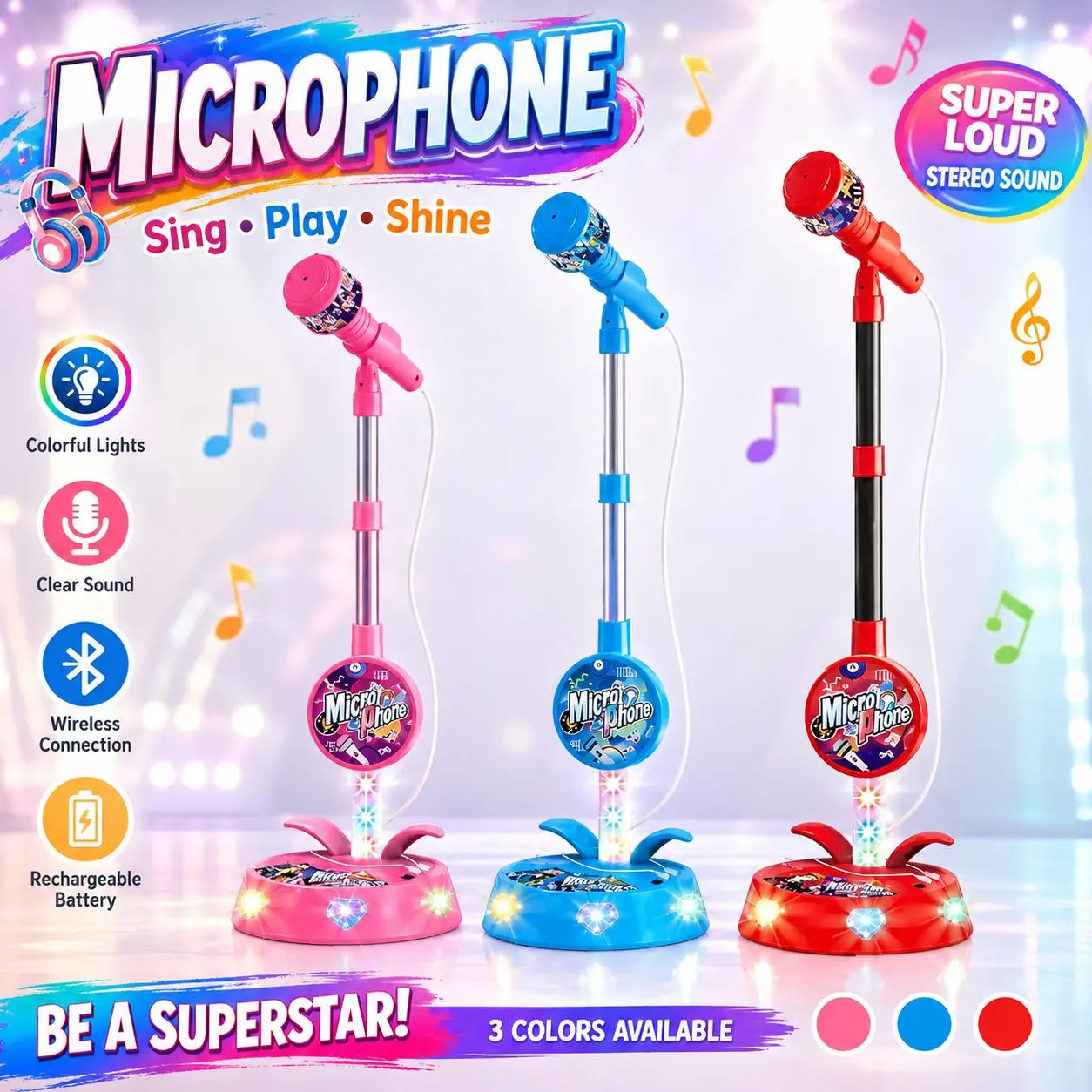 Kids' Karaoke Microphone Toy (Ages 3-8) - Colorful LED Lights, Built-in Music, Educational Confidence-Boosting Birthday Gift for Boys & Girls