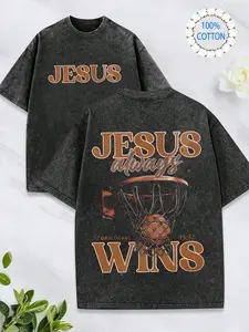 Christian "Jesus Always Wins" Themed Faith T-Shirt, "JESUS Always WINS" Core Faith Outfit, "Thank God For Giving Us Victory Through Our Lord Jesus Christ" Faith  Outfit...... Retro Loose T-Shirt, Men's Casual S Streetwear Distressed fathersdaygift