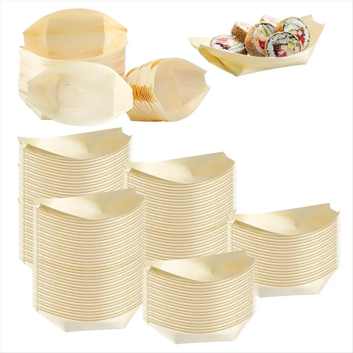 500-Pcs 4-Inch Disposable Wooden Kitchen Utensils, Wood Boat Plates, Bamboo Leaf Sushi Dishes Serving Trays (Car Exterior Decoration Accessory)