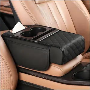 Car Armrest Cushion, 5-in-1 Nappa Leather Vehicle Centre Console Cover with 2 Storage Pockets, Cup Phone & Phone Holder, Multifunctional Auto Organiser Accessories, Universal Fit (Black)