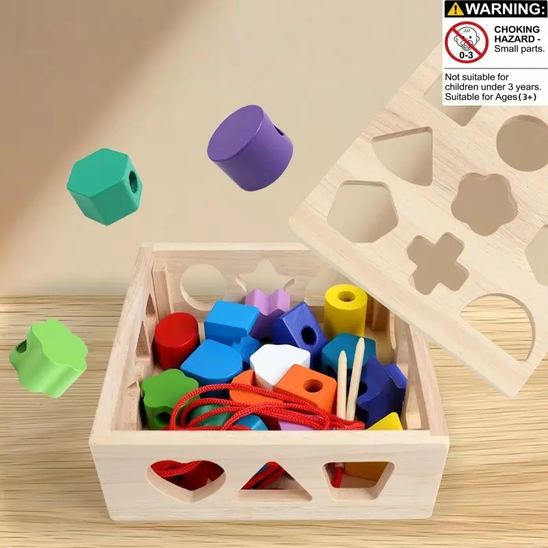 Montessori Early Education Large Wooden Bead Stringing Set, Geometric Shape Matching Blocks, Color Cognition Toy for Kids, Hand Strength Training, Shape Sorter
