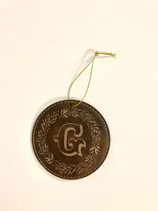 Brown Leather Christmas Ornaments with gold initial design