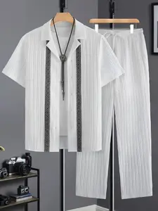 Men's Summer 2-Piece Set, Textured Suit Collar Button Short Sleeve Shirt + Drawstring Sport Pants, Casual Fashion, Beach Vacation Wear