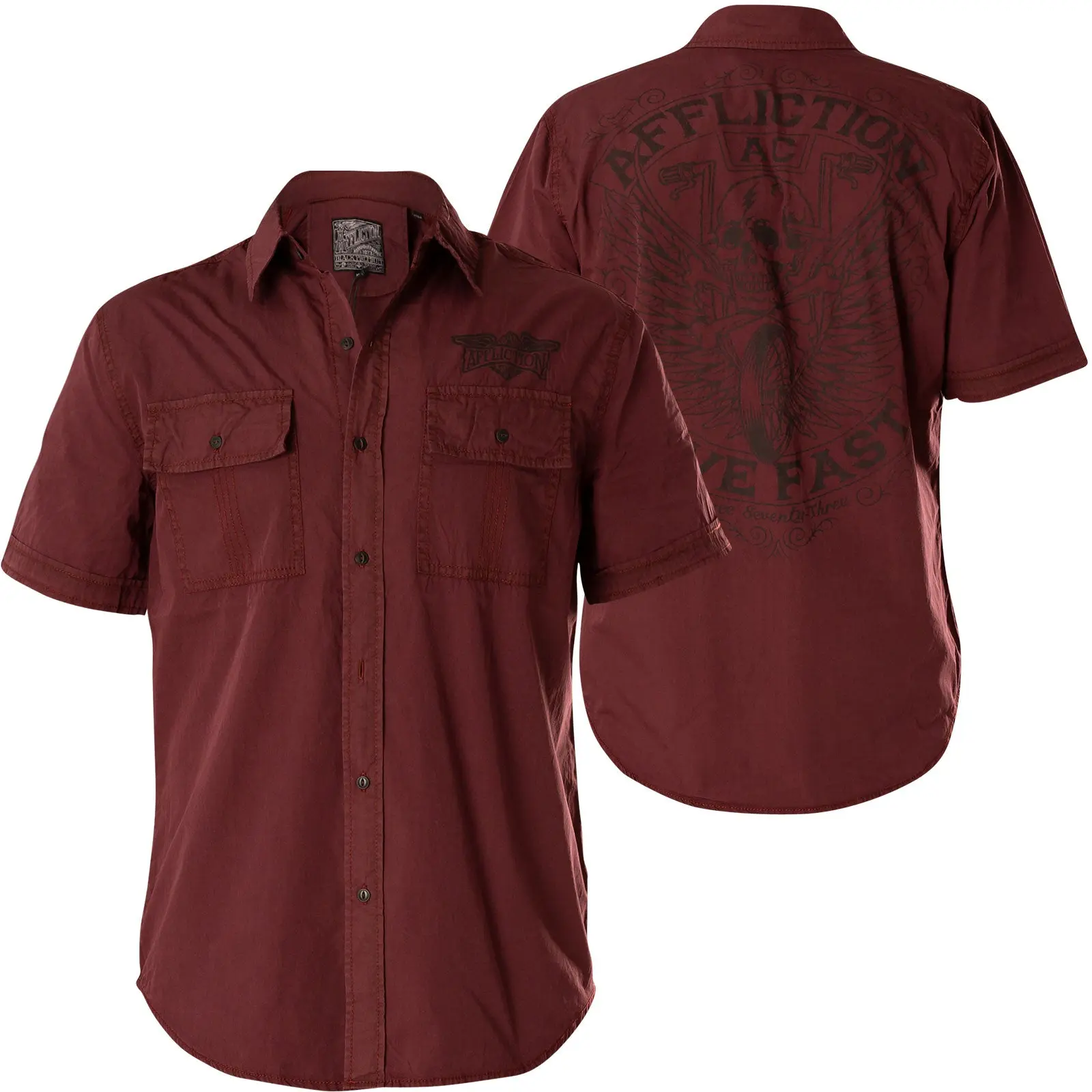 Affliction Men's 110wv737 Gothic Biker Button-Front Pocket Shirt - 100% Cotton Short-Sleeve Casual Top with Elaborate Back Graphic Print (Wine Red)