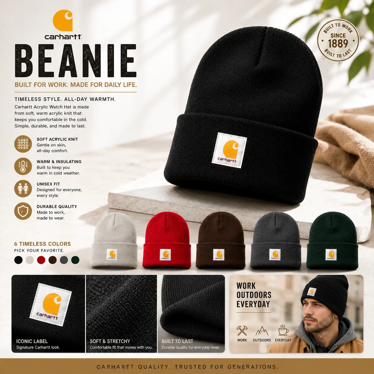 Carhartt Watch Hat Beanie Warm Acrylic Knit Winter Cap for Men Women Cuffed Stretch Beanie Outdoor Workwear Hat Cold Weather Skull Cap Casual Fashion Streetwear Soft Comfortable Everyday Wear Adult One Size Unisex Gift
