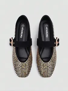 Women's Mary Jane Flat Shoes, Walking Shoes, & Rivet Design, Comfortable Daily Wear, Party Style Footwear, Metal Buckle Strap, Square Toe Flats, Casual Flats, Elegant Flats, Stud Embellishment, Rubber