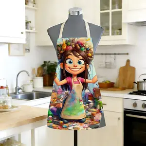 Cartoon Girl Print Kitchen Apron, Colorful Sewing Tool Pattern, Durable Anti-Stain Cooking Apron, Ideal Gift for Craft Lovers, Home, Household Items