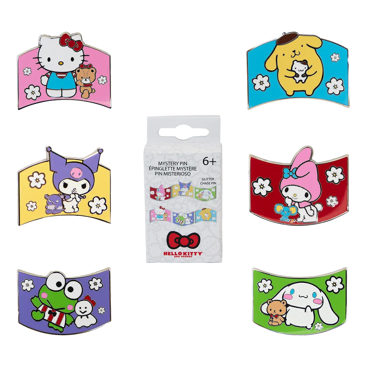 Sanrio Hello Kitty and Friends Color Block Enamel Pin, 1.5" Blind Box Collectible with Flower Motifs and Glitter Chase, Blind Bag Collectible, 1.5" Size, Collectible Gift