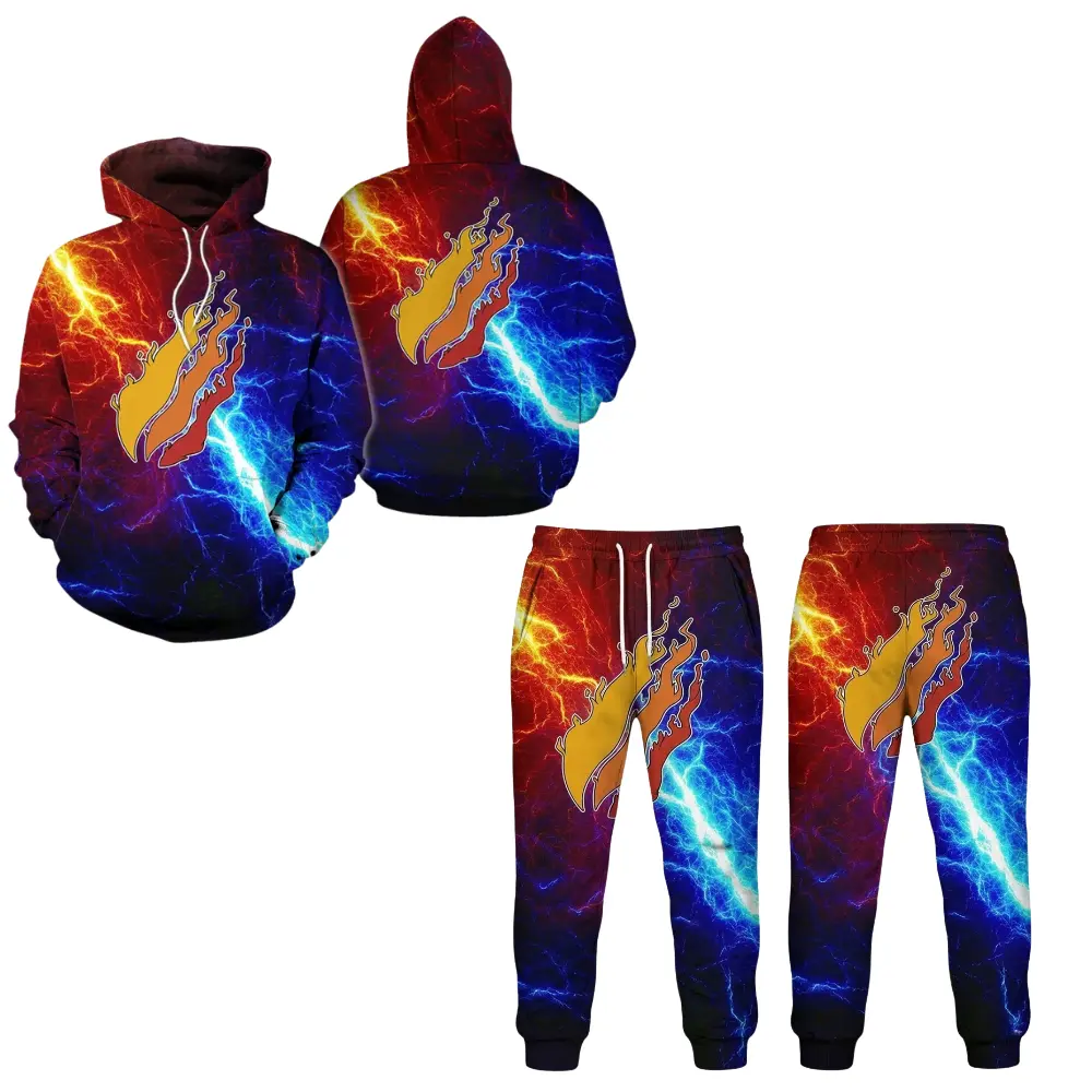 PrestonPlayz 3D Hoodie and Sweatpants Set, Fire and Ice Red Blue Lightning Flame Graphic Design, Gift for Gamers