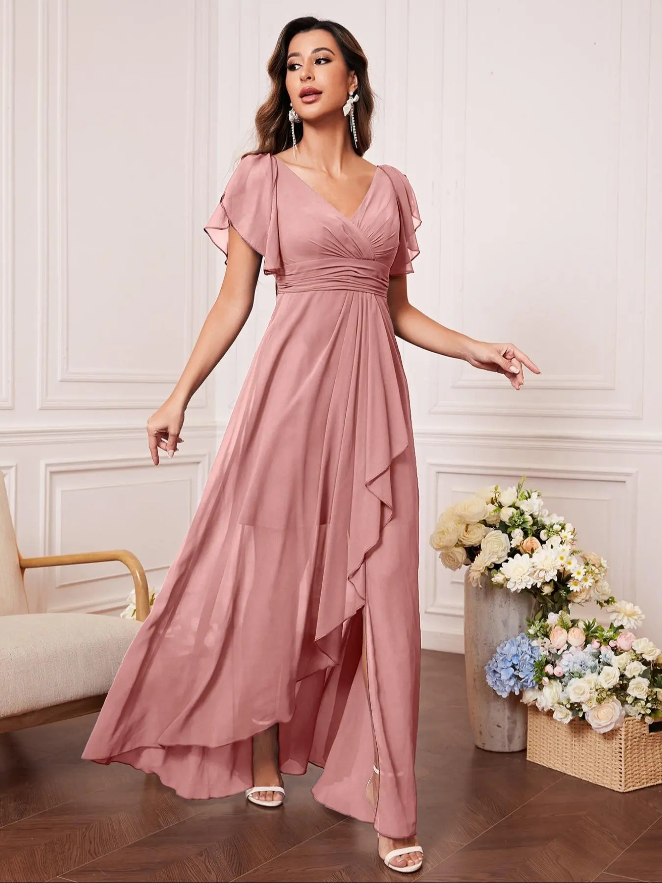 Women's Plain Butterfly Sleeve Chiffon Bridesmaid Dress, Elegant Off Shoulder Ruffle Trim Maxi Dress for Party Wedding Guest, Ladies Clothes for Evening Formal Dresses Occasions Womenswear
