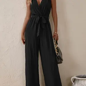 Women's Ruched Belted Tank Jumpsuit, Casual Surplice Neck Straight Leg Jumpsuit, Ladies Clothes for Daily Wear