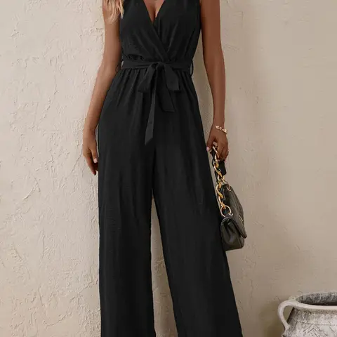 Women's Ruched Belted Sleeveless Jumpsuit, Casual Surplice Neck Straight Leg Jumpsuit, Daily Wear, Tie Waist Jumpsuit, Solid Jumpsuit