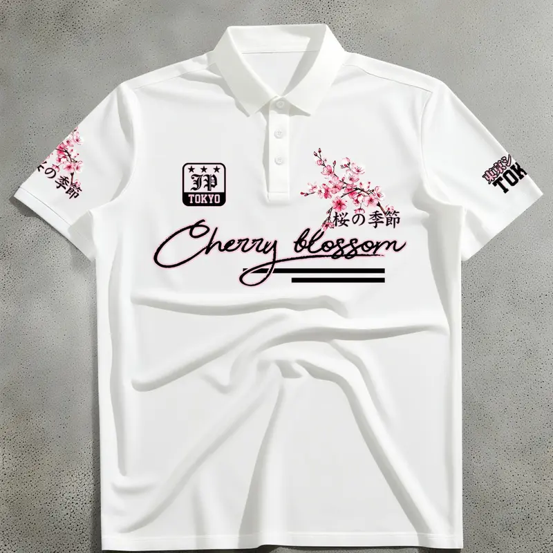 Unisex White Oversized Printed Polo Shirt with Cherry Blossom & Tokyo Print Japanese Streetwear Aesthetics Top