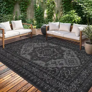 Outdoor Patio Rugs 9x18 Waterproof Reversible Plastic Straw Mat, Large Vintage Medallion Boho Area Rug Indoor Outdoor Rugs for Deck, Balcony, Pool, Camping, Beach, Picnic, Porch, RV,Black&Grey