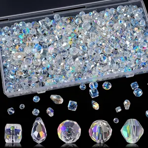 600 Pcs Crystal Glass Beads for Jewelry Making, Crystal Beads with Box, Assorted Bicone, Rondelle, Cube, Teardrop & Spacer Beads for DIY Crafts Bracelets, Necklaces, Earrings, 4/6/8mm, AB Color