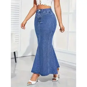 Women's Chic High-Waist Stretch Denim Mermaid Skirt - Versatile & Fashionable, Fishtail Design with Pockets, Machine Washable, Perfect for Spring/Summer/Fall Spandex Womenswear Bottom Comfort Maxi Casual Fabric Palda Basic Minimalist