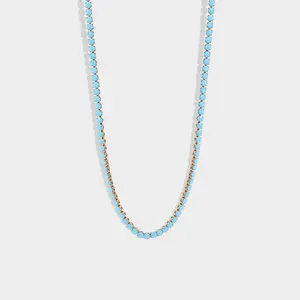 Turquoise Tennis Chain Necklace, Women's Trendy Necklace, Teal Tennis Necklace, Chain Necklace, Rhinestone Necklace, Gifts for Her, 18K Gold PVD Stainless Steel Jewelry