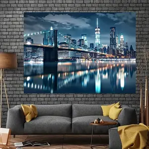 New York City Night Skyline Tapestry - Polyester Wall Hanging for Home & Party Decor, Perfect for Photo Backdrops & EventsDurable Wall Tapestry | Soft Peach Skin Fabric| 100% Polyester| 2D Flat bedroom wall art