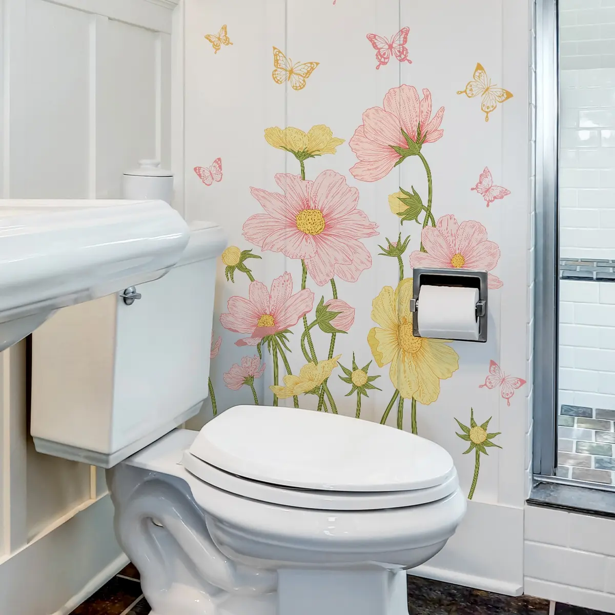 A new hand-painted colorful flower and butterfly spring wall sticker (30*90cm) for living room and bedroom decoration background wall decal Floral Pattern Sticker (M16086-YJ)