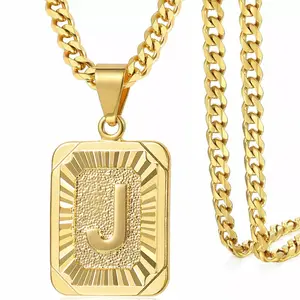 Initial Letter Pendant Necklace for Men Womens, 18k Gold Plated Square Capital Monogram Necklace Alhpabets From A-Z Cuban Chain Necklace