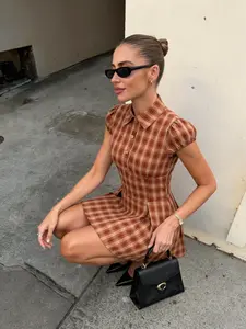 Elegant Casual Plaid Shirt Dress Womenswear, Bubble Short Sleeve Notch Lapel Front Button, Waist Cinched A-Line Shape, Slimming Fit for Daily and Streetwear