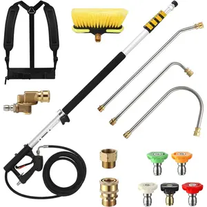 24 FT Telescoping  Washer Wand with  Washer Extension Wand, Brush , Gutter Cleaner, 5 Spray Nozzle Tips, 2 Hose Adapters and Support Belt