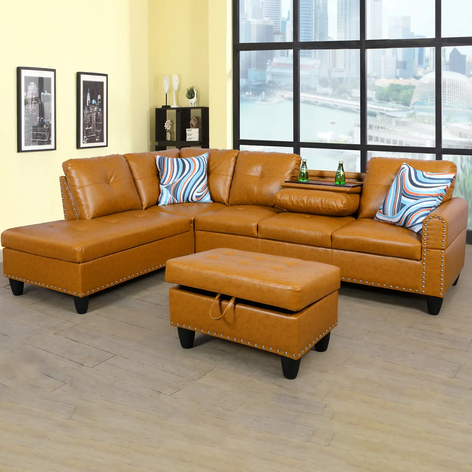 Ginger Semi-PU Leather 3-Piece Modern Sofas Set, Indoor Living Room Furniture with Sophisticated Design, Comfortable Seating, Sturdy Structure, Easy-to-Maintain Upholstery for Modern Homes