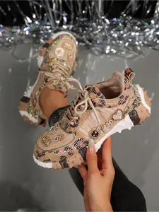 High Quality Women Rhinestone Decorated Running Shoes with Soft Height Increasing Sole for Outdoor Jogging
