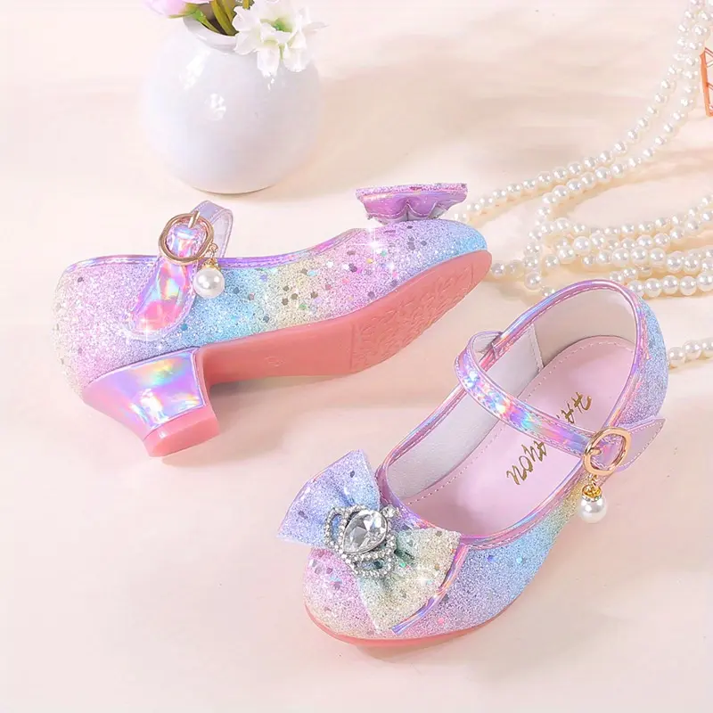 Sparkly Rainbow Princess High Heels for Girls with Glittery Pink & Purple Dress Shoes, Non-Slip Rubber Sole, and Pearl Rhinestone Embellishments