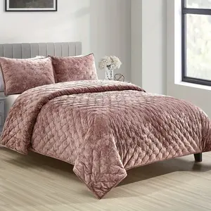 Distressed Velvet Quilt Set, Dot Embroidery With Metallic Gold Thread, 3 Pieces Dusty Mauve