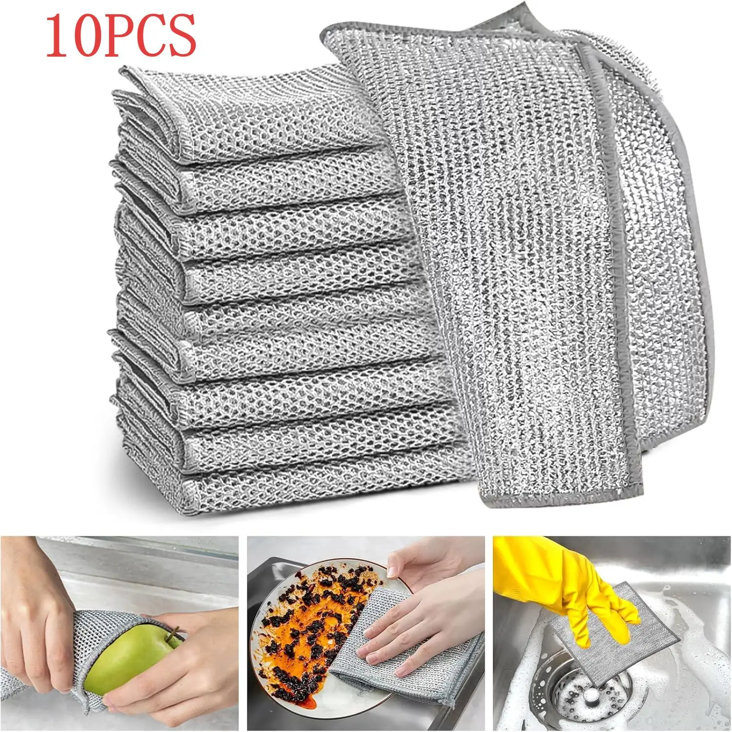 10-Pack Metallic Steel Wire Dish Cloths, 8x8 inch Rectangular Diamond Weave Grid Pattern Cloths with Rich Foam Holes, Reusable Scratch-Free Home Care Supplies for Kitchen Grease Removal