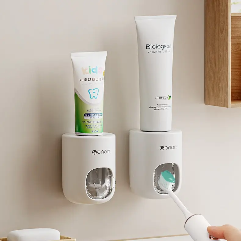 Modern ABS Plastic & Silicone Fully Automatic Toothpaste Dispenser Set, Wall-Mount No-Drill Sticky Hook Bathroom Toothbrush Holder Squeeze Tool for Household Use