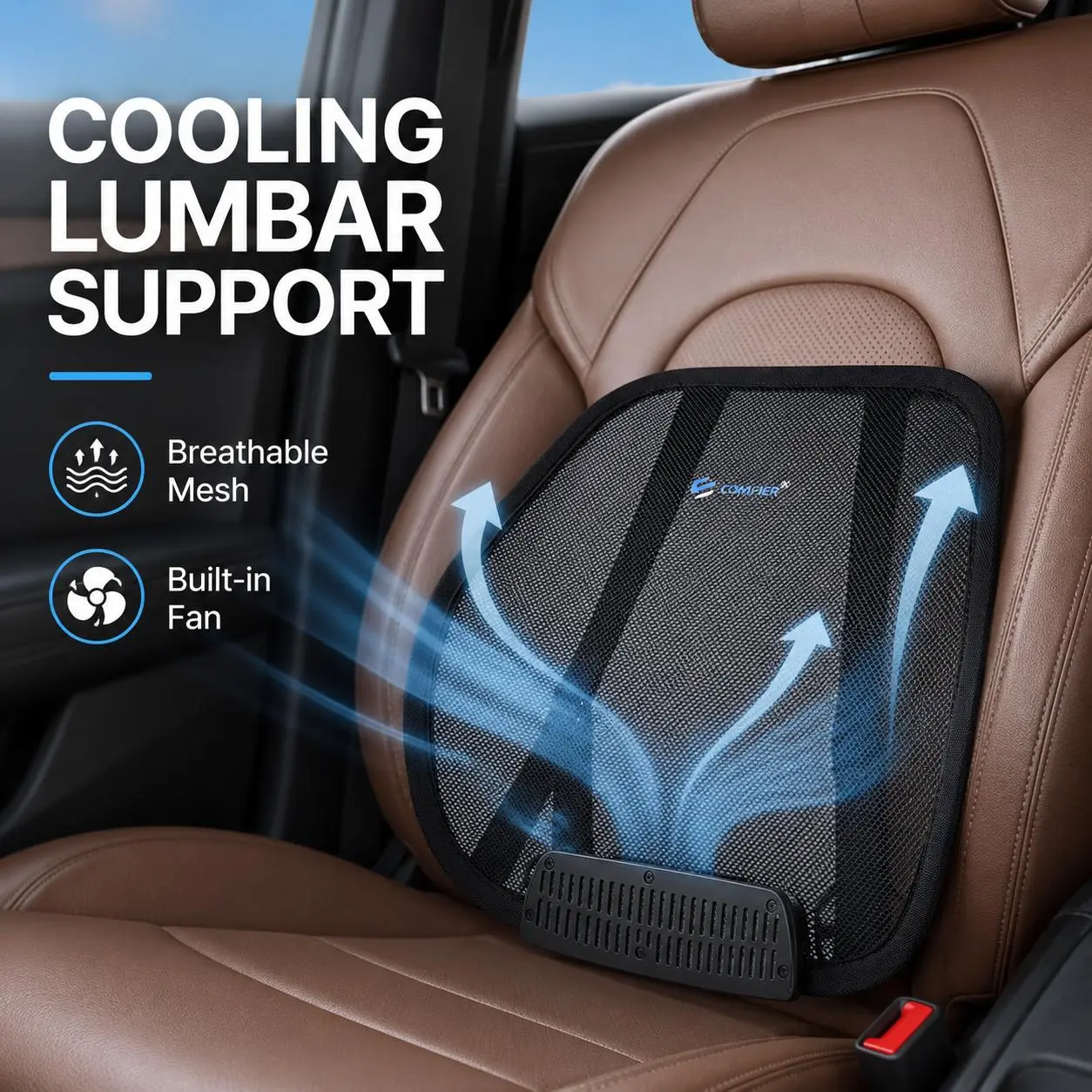 Honeycomb Support Seat Cushion & Lumbar Pillow - Summer Ventilated Car Blower, Adjustable Curvature, 3-Speed Powerful Airflow, Office Back Support, Auto Interior Accessory (New Arrivals)