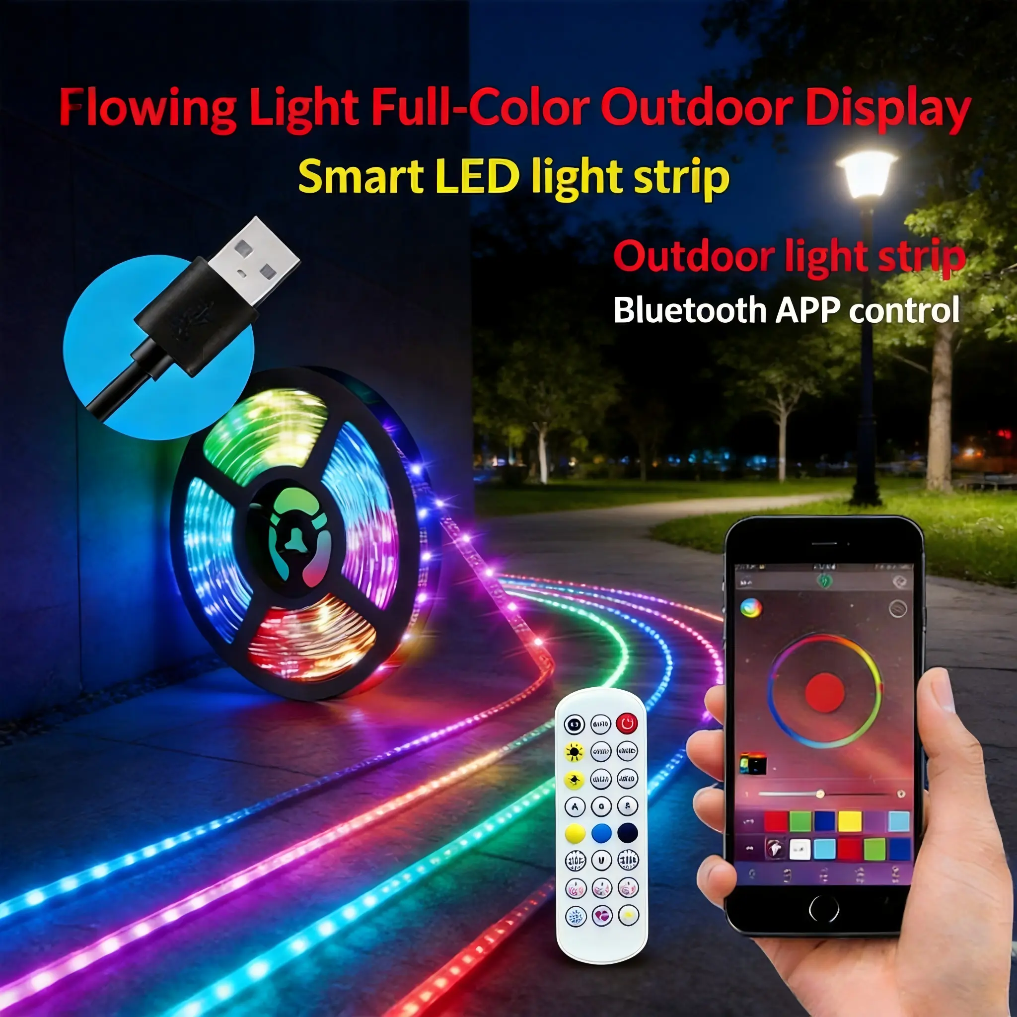 16.4FT 300LED PVC RGB Iridescent Color-Changing USB Decorative Atmosphere Light Strip - Rhythm Sync, Sound-Music Response, Mobile APP Bluetooth Voice Control, Remote Control, Jumping Racing Water Chasing Effects