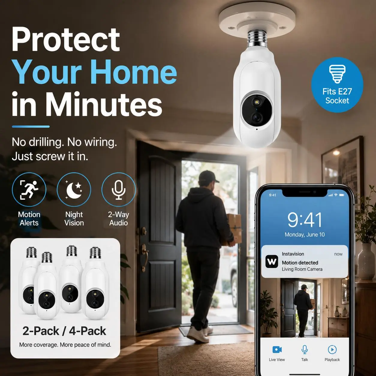 WiFi Light Bulb Security Camera WiFi Indoor, Color Night Vision, Motion Alerts, 2-Way Audio, Easy E27 Installation