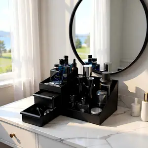 Premium 3-Layer Men's Cologne Organizer Luxury Black Storage Box with Drawers for Fragrance & Grooming Waterproof Bathroom Case Perfect Gift for Him & Dad