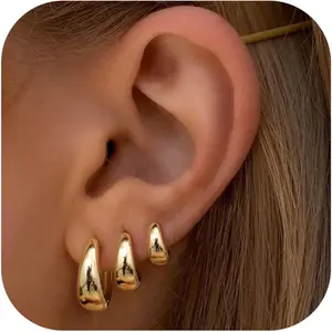 Trendy  3Pairs Gold Hoop Earrings Set for Women Chunky Gold Silver Hoop Earrings 14K Gold Filled Hypoallergenic Small Huggie Hoop Earrings Tiny Gold Trendy Thick Hoop Earrings Stacks for Multiple Piercing