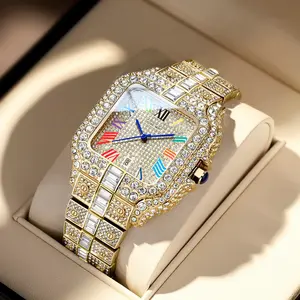 Men's Square Dial Watch, Luxury Iced-Out Style with 42mm Stainless Steel Case, Roman Numerals, Quartz Movement, 30M Water Resistant