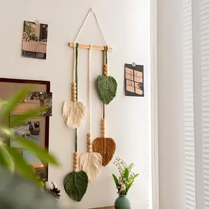 Boho Style Macrame Wall Hanging, Hand Woven Tapestry, Colorful Leaf Wooden Bead Decor, Wall Art for Bedroom & Living Room