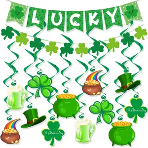 1 Set St Patricks Day Decorations Pre-Assembled Shamrock Lucky Decorative Banner Garlands Clover Hanging Swirls Irish Decor for Home Saint Patrick Party Supplies Ornaments