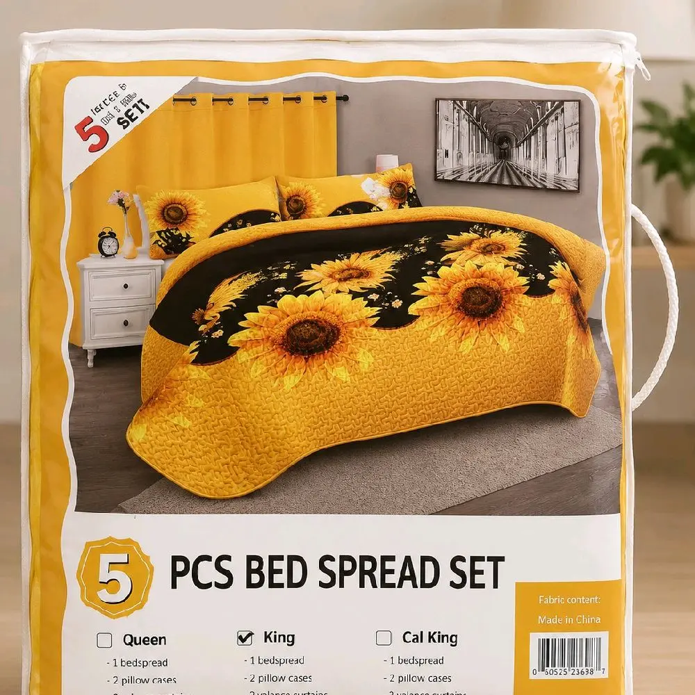 5 PCS Sunflower Bedspread Set – King Size Bedding Set with Matching Curtains & Pillowcases – Yellow Floral Bedroom Decor