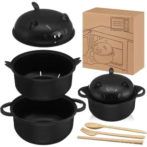 Ramen Noodle Bowl Microwavable 43oz Pig Ramen Cooker with Strainer Lid Handle Spoon Fork Chopsticks for Home Dorm College Office Use Kitchenware 1300ml Thanksgiving tableware Value Pack