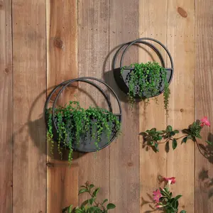 Sagebrook Home Modern Set of 2 Metal Round Wall Planters Black Iron Plant Holders for Indoor/Outdoor
