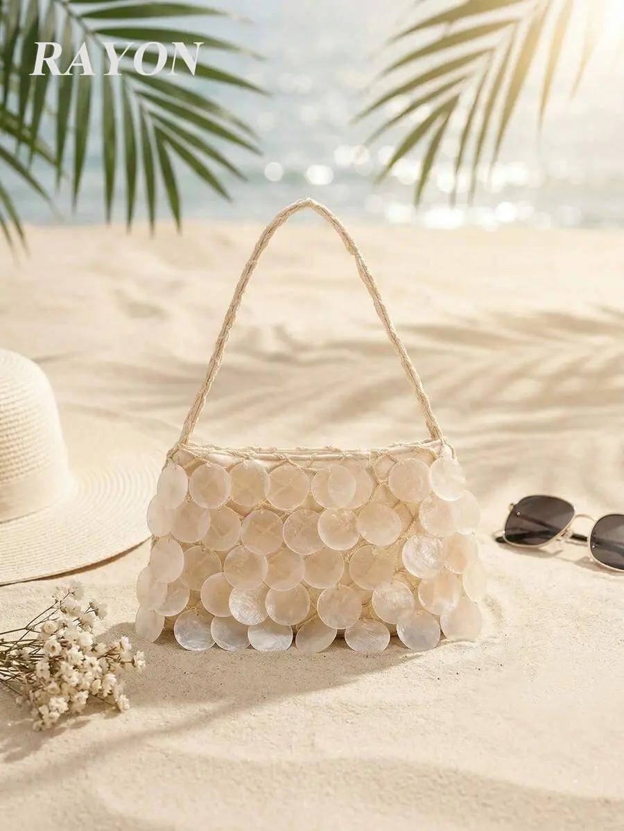 Women's Handmade Boho Seashell Slice Beaded Tassel Tote Bag - Mermaid Sequin Fishnet Woven, Vacationcore, Ideal for Summer Beach Use; Natural Cracks, Impurities, Defects in Mica Seashell Slices Are Normal