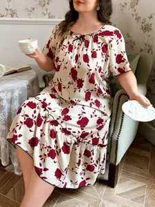 Elegant Rose Floral Print Bubble Chiffon Breathable Sleepwear Womenswear, Loose Square Neck Nightgown, Comfortable Homeewear for Relaxing Nights, Loungewear