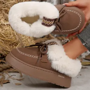 Women Winter Mini Snow Boots Warm Fleece Plush Lined Booties Ankle Slippers Lace-up Loafers Shoes Indoor Outdoor