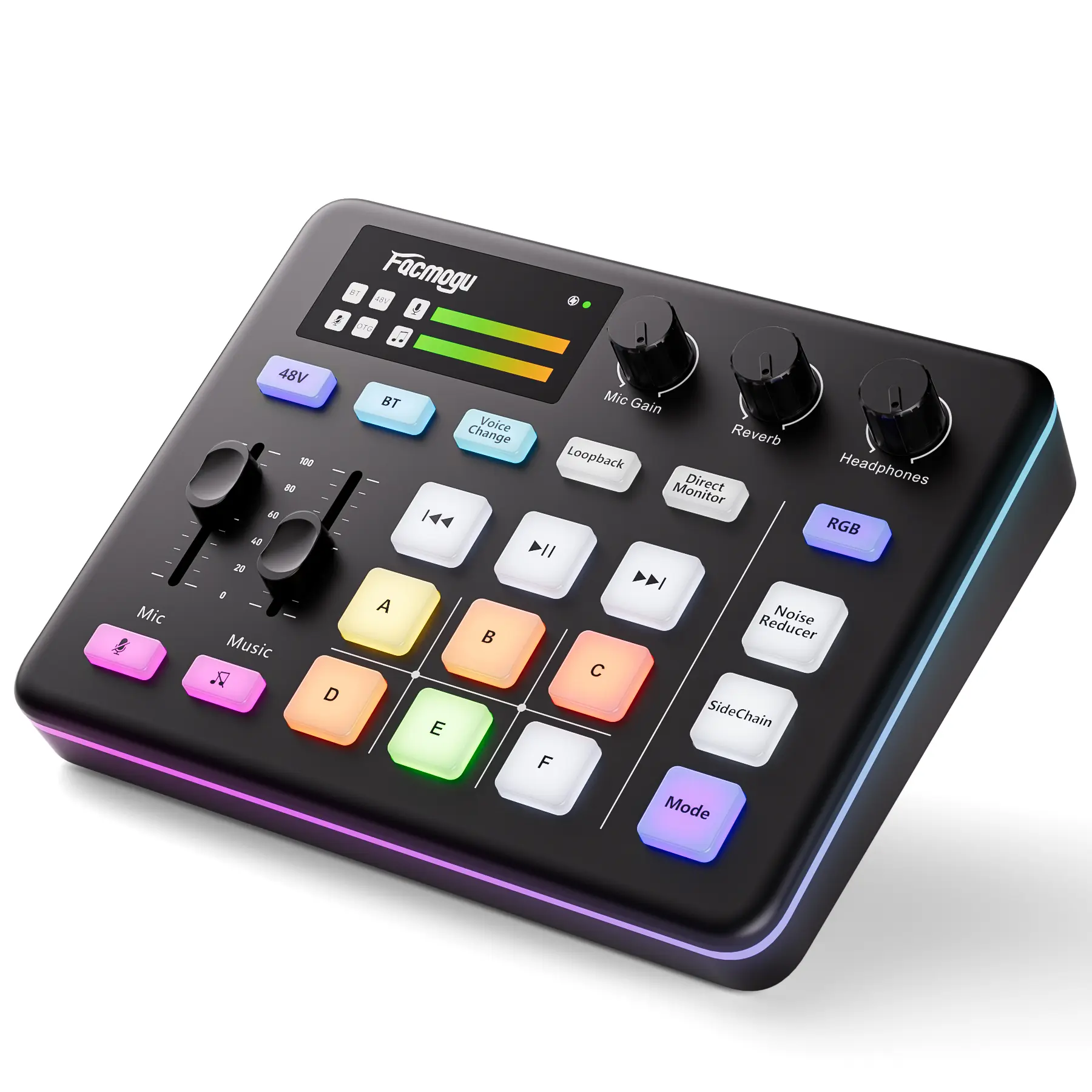Facmogu G9 Gaming Audio Interface Sound Board - Audio Mixer Console with 3.5mm/XLR Mic Inputs, RGB LED Light, Bluetooth, 48V Mic Power, Voice Changer, Noise Reduction, Smartphone Compatibility for Streamers' Entertaining and Engaging Streams