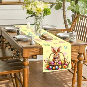 Easter Table Runner with Bunny Egg Print, Indoor and Outdoor Use, Home Kitchen Decor, Wedding Party Restaurant Decoration