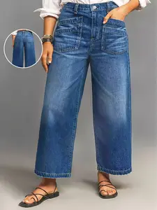 Women's Wide Leg Straight Jeans, Mid Waist Loose Turn-Down Pocket Nine-Inch Denim Jeans, Casual Solid Fitted Style for All Seasons