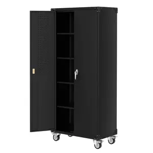 Heavy duty 72 inch metal garage storage cabinet with wheels - lockable door -4 adjustable shelves - nail board manager - suitable for mobile tool cabinets in workshops, homes, and offices